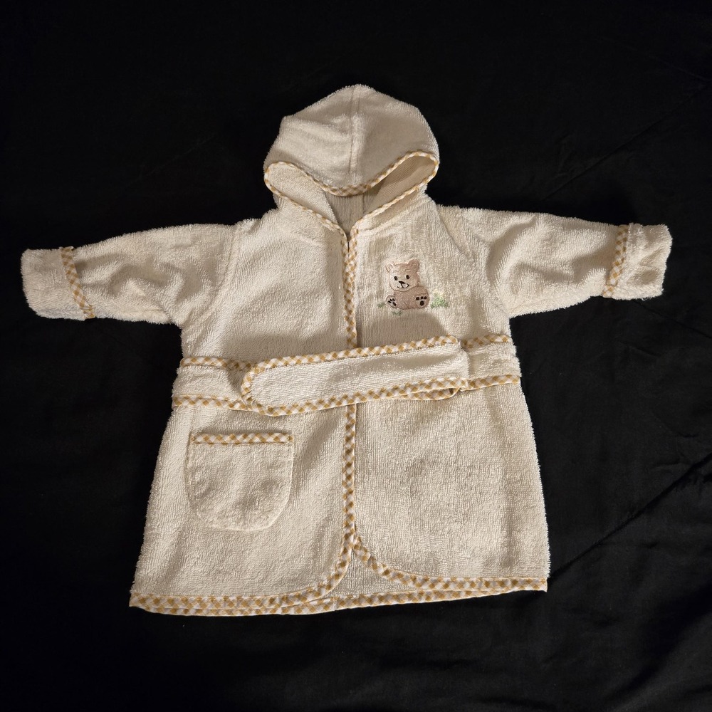 Spasilk Bathrobe Baby 0-9M Cream Good Bear Gingham Trim Hooded Terry Cloth